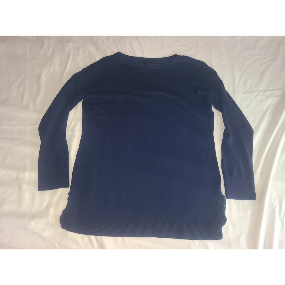 Talbots Womens Navy Blue Ruffle Side Slit Boat Neck Sweater Medium Cotton Rayon
